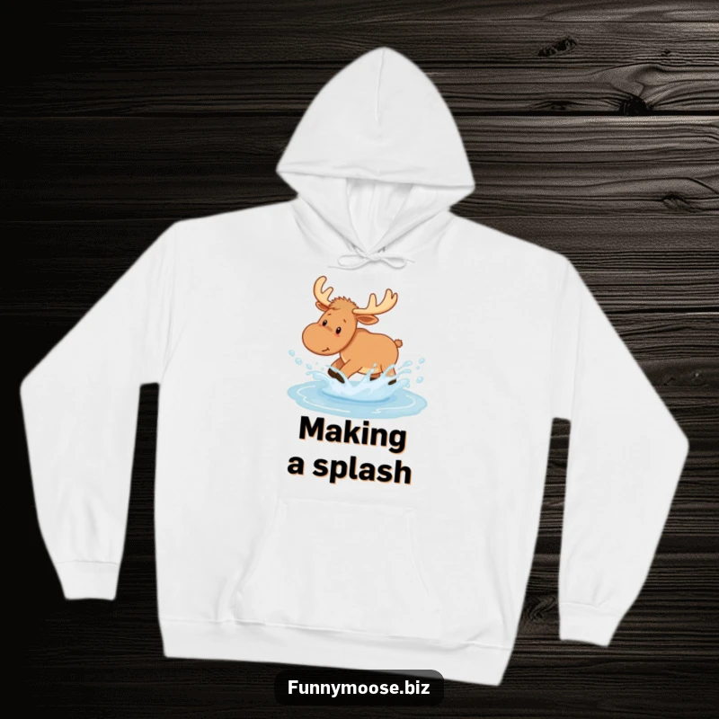 Funny Kawaii Moose Hoodie depicting a joyful puddle splash, offering cozy comfort and cute woodland humor.