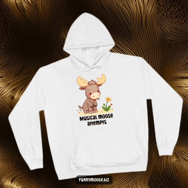 Funny hoodie showcasing a lovable kawaii moose playing a tiny kazoo to serenade a flower, radiating musical joy and cuteness.