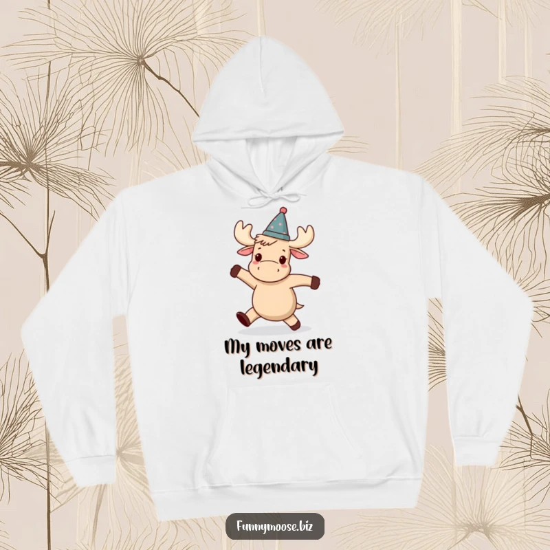 Funny Kawaii moose hoodie, wearing a jaunty tilted hat, performing a delightfully wobbly dance with enthusiasm.