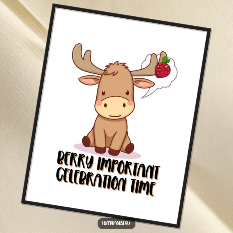Funny Free Printable Wall Art: An excited Kawaii moose with a tasty berry in its thought bubble, adding whimsical charm to decor.