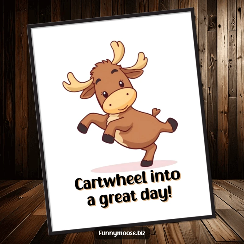 Funny Free Printable Wall Art: Kawaii moose hilariously attempting a cartwheel, bringing clumsy charm and laughter to your decor.