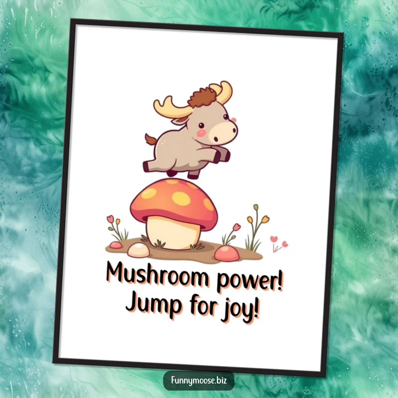 Funny free printable wall art: A tiny kawaii moose hilariously bouncing off a vibrant mushroom, full of playful spirit.