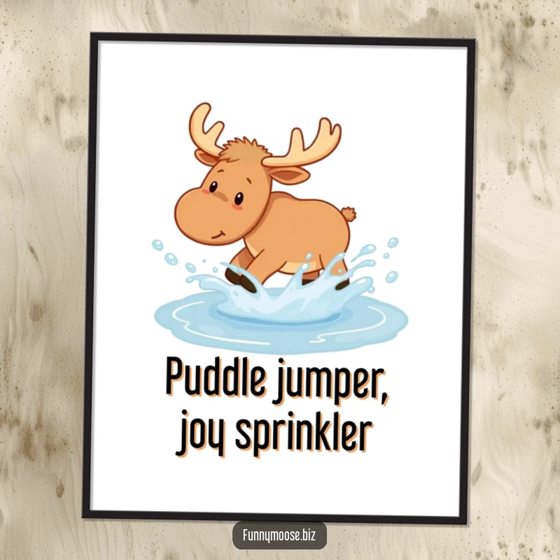 Funny Free Printable Wall Art: A happy Kawaii moose gleefully splashing in a puddle, creating joyful water droplets for whimsical decor.
