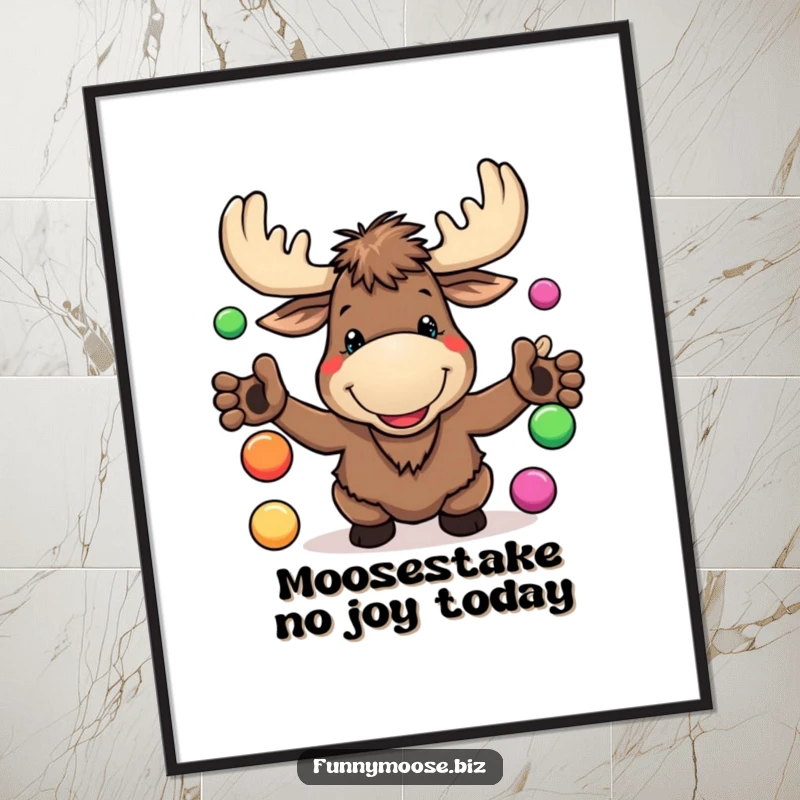 Funny Free Printable Wall Art: A Kawaii moose with a goofy grin, joyfully juggling colorful balls, bringing playful energy to decor.