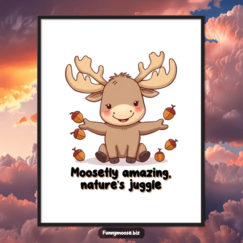 Funny Free Printable Wall Art: A kawaii moose with oversized antlers joyfully juggles several tiny acorns.