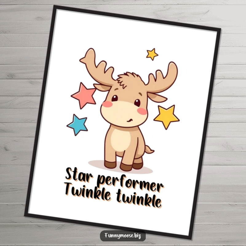 Funny free printable wall art: A kawaii moose joyfully juggling three abstract star shapes, radiating playful energy.