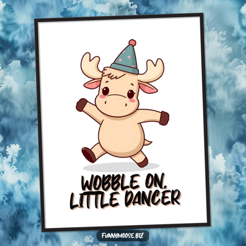 Funny Free Printable Wall Art: A Kawaii moose wearing a tilted hat, attempting a hilarious and wobbly dance.