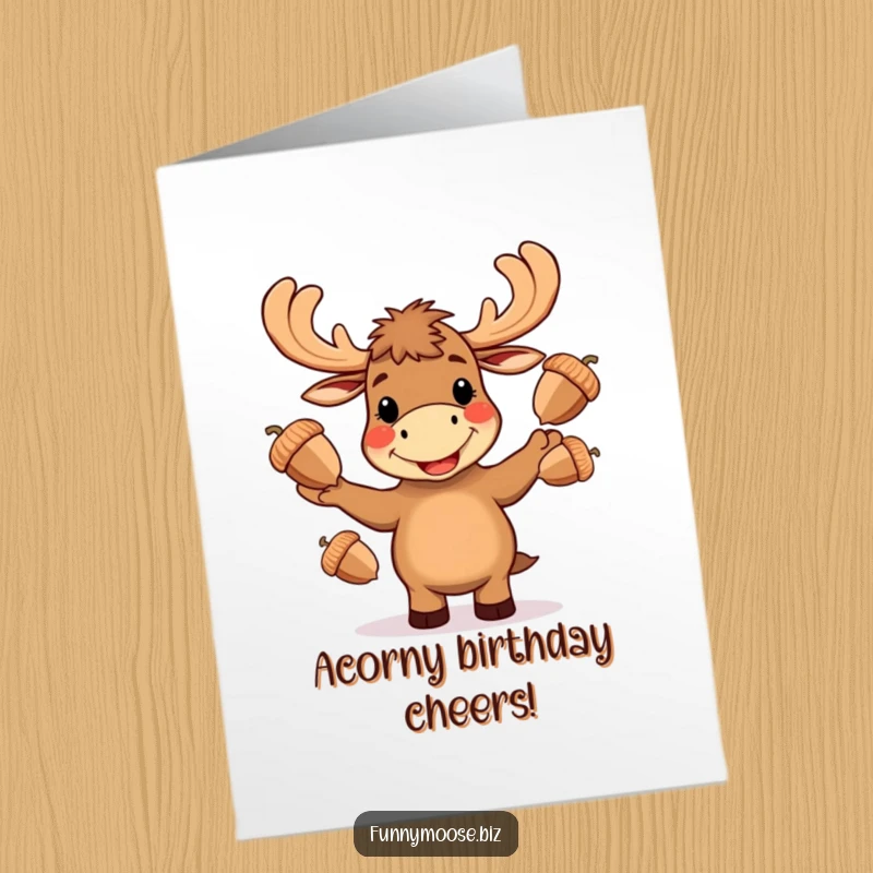 Funny Free Printable Birthday Card: Kawaii moose gleefully juggling acorns with a huge grin, ready for a party.