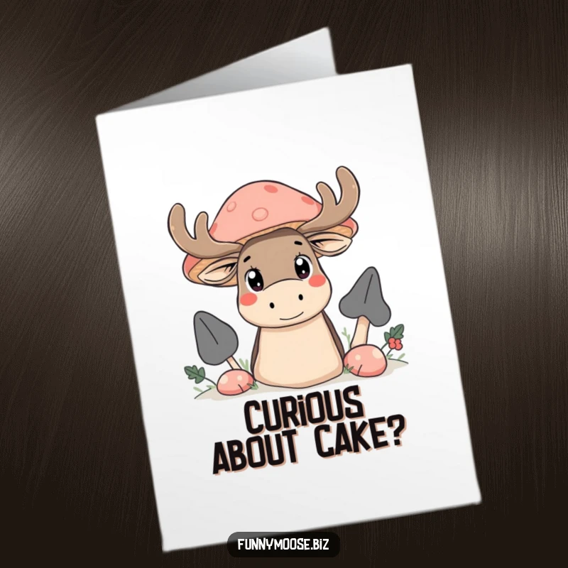 Funny Free Printable Birthday Card: Kawaii moose with wide, curious eyes peeking from behind a large mushroom.