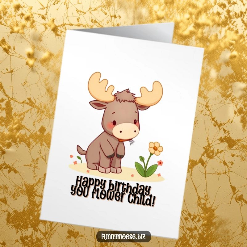 Funny Free Printable Birthday Card: Kawaii moose attempts to serenade a flower with a tiny kazoo, charmingly off-key.