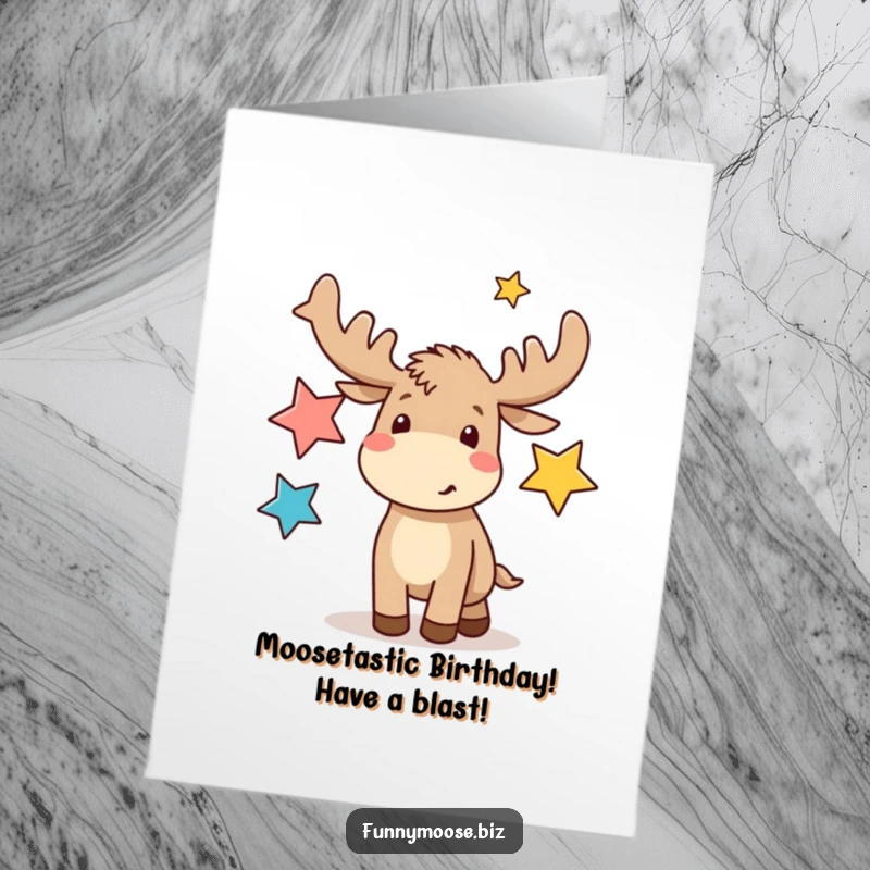 Funny free printable birthday card: Adorable kawaii moose gleefully juggling shiny star shapes with pure excitement.