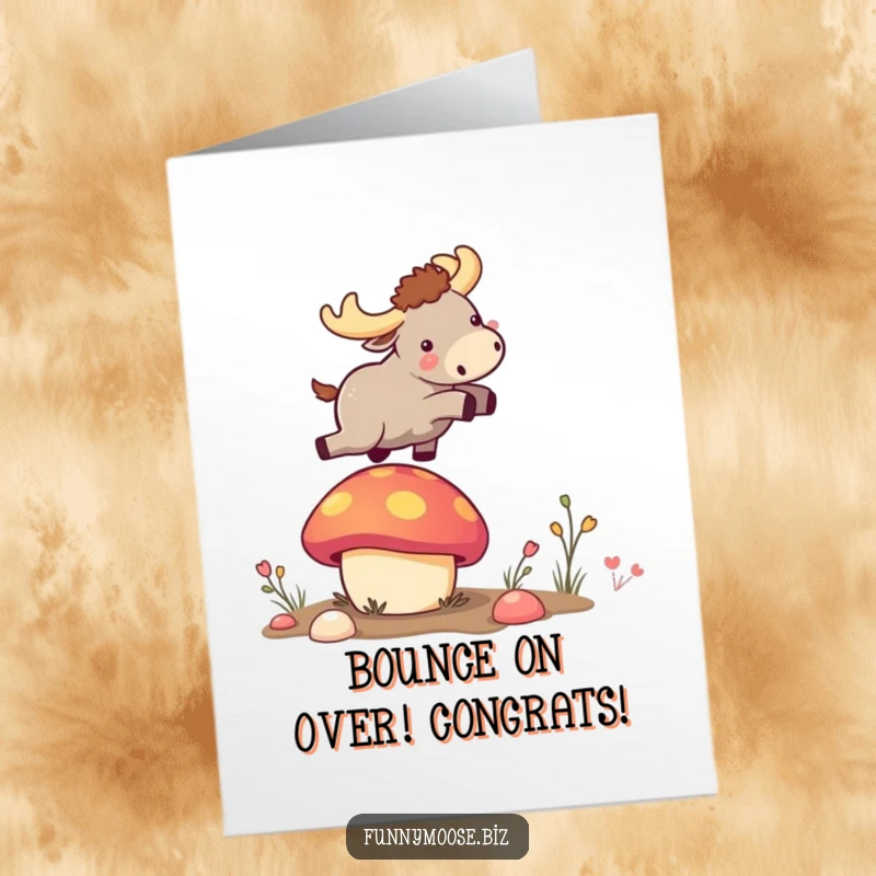 Funny free printable congratulations card: A tiny kawaii moose energetically bounces off a bright mushroom, celebrating success.