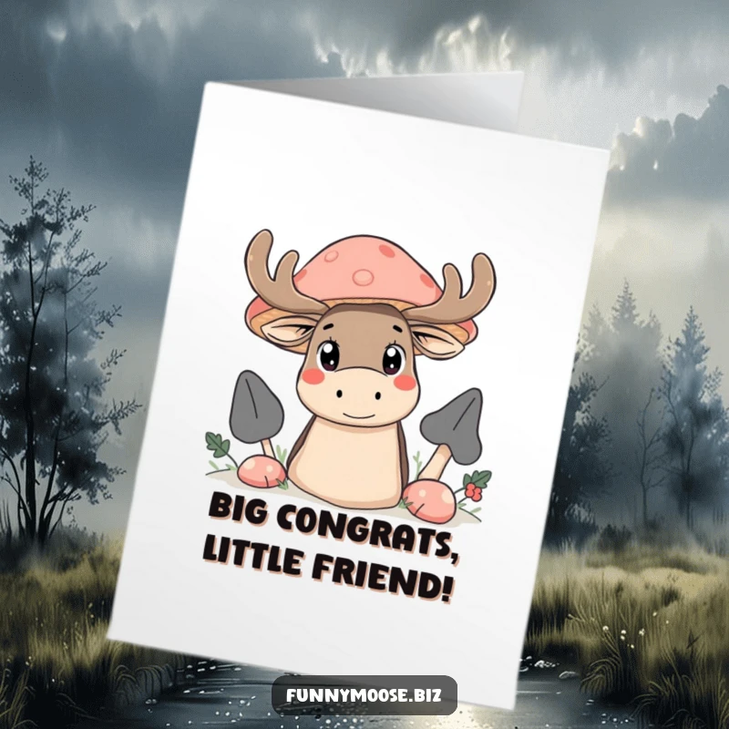 Funny Free Printable Congrats Card: A Kawaii moose peeking with big curious eyes from behind a huge mushroom.