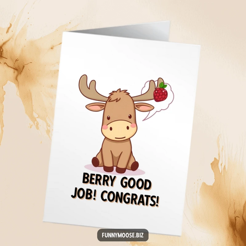 Funny Free Printable Congrats Card: An excited Kawaii moose thinking of a ripe berry, celebrating achievements with anticipation.