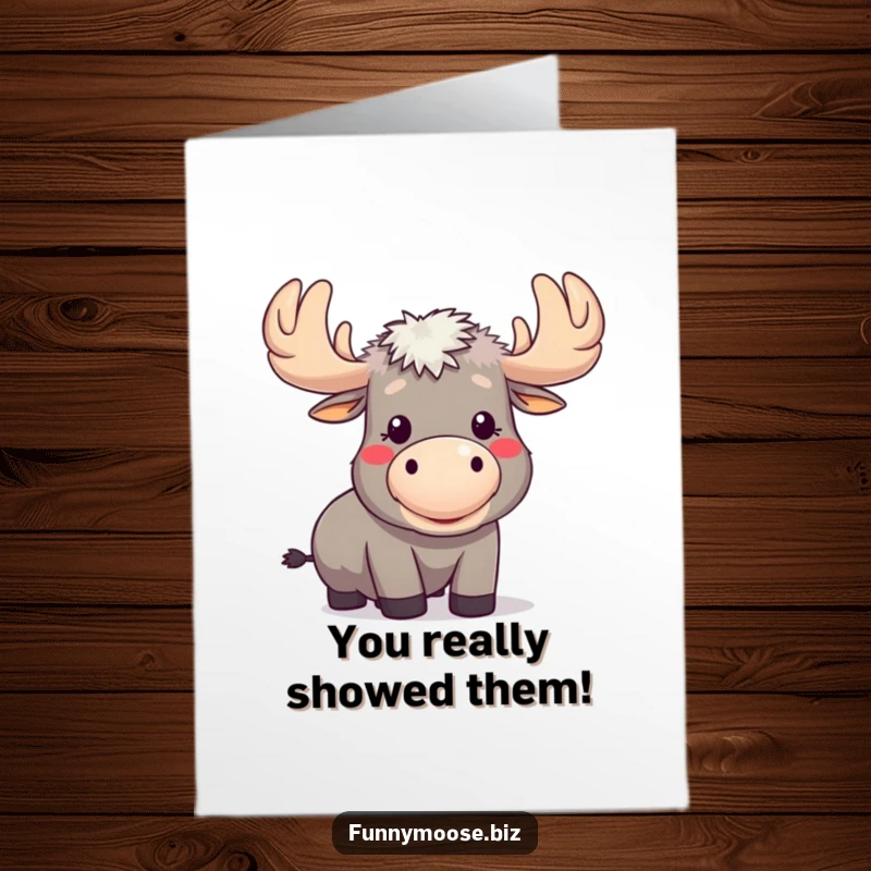 Funny Free Printable Congratulations Card: Kawaii moose comically blowing a raspberry, cheeks full of air.
