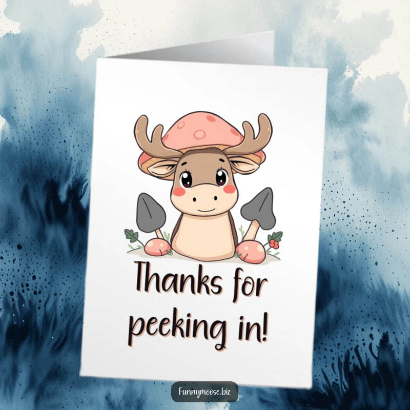 Funny Free Printable Thank You Card: A cute Kawaii moose with wide, curious eyes peeking from behind a giant mushroom.