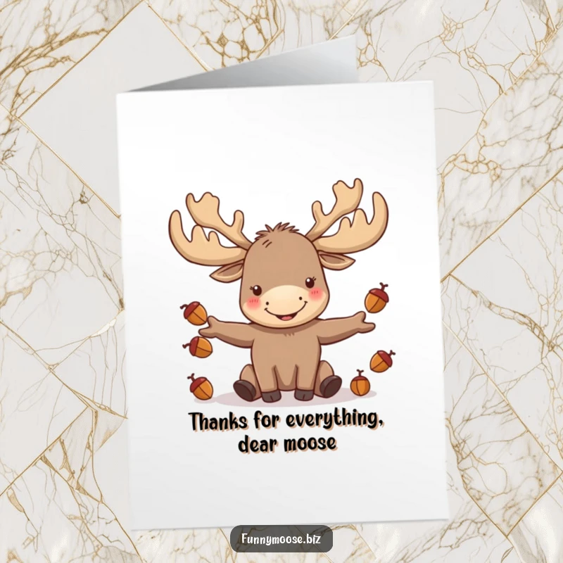 Funny Free Printable Thank You Card: A happy kawaii moose with big antlers juggles acorns to say thanks.