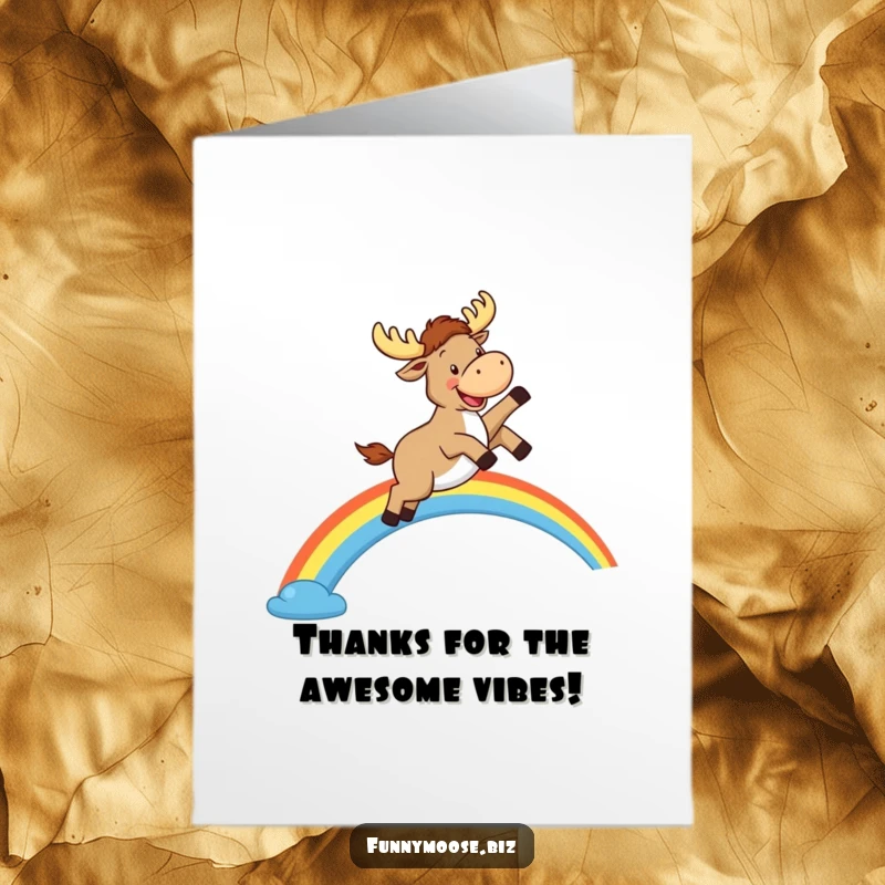Funny Free Printable Thank You Card: Kawaii moose with a big grin leaping over a colorful rainbow.