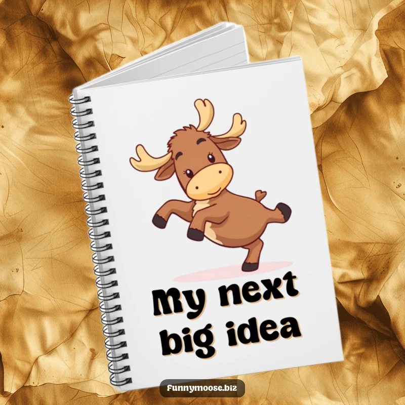 Funny kawaii moose notebook showing a happy, clumsy character mid-cartwheel, ideal for funny stationery lovers.