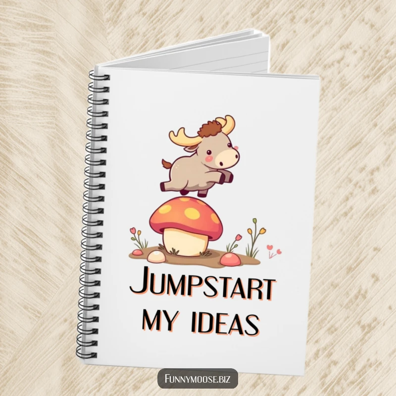 Funny tiny kawaii moose launching from a bouncy mushroom on the cover of a lined notebook, ideal for funny gift.