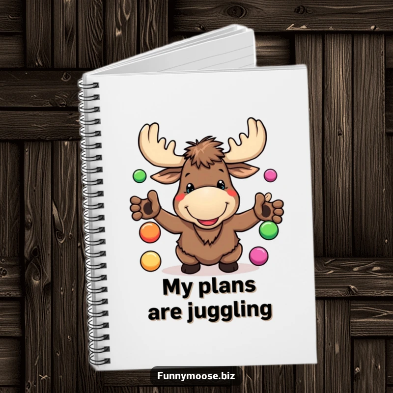 Funny Kawaii Moose Notebook featuring a goofy grin and juggling balls, ideal for note-taking with woodland humor.