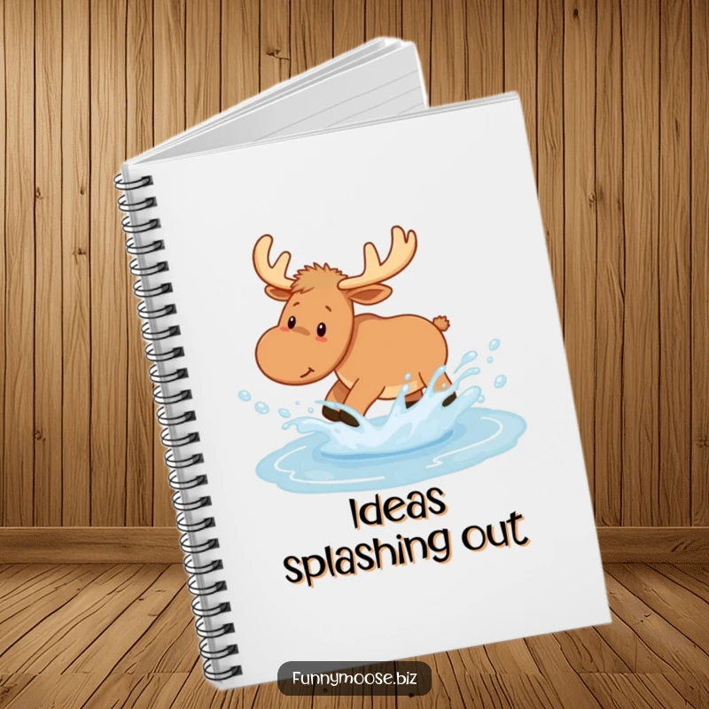 Funny Kawaii Moose Notebook featuring a joyful puddle splash and water droplets, ideal for note-taking with woodland humor.