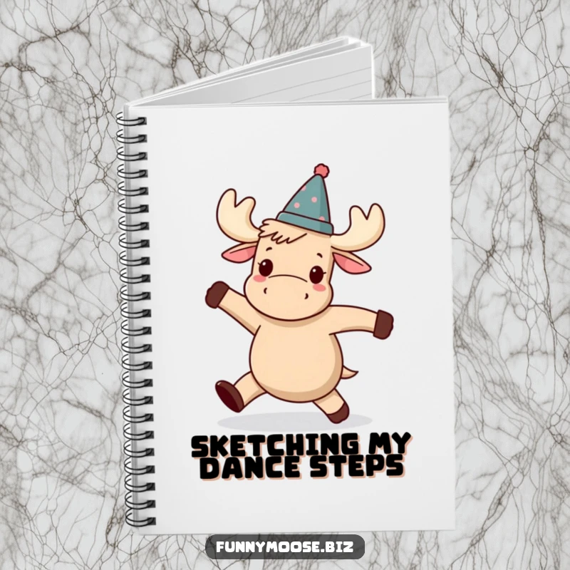 Funny Kawaii moose notebook, a moose with a tilted hat doing a funny wobbly dance, perfect for note-taking.