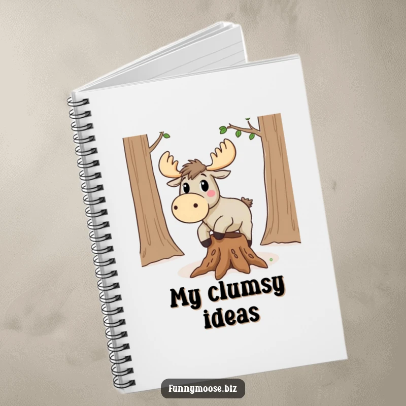 Funny Kawaii Moose Notebook: A surprised moose trips on a root, humorous journal for jotting down notes.