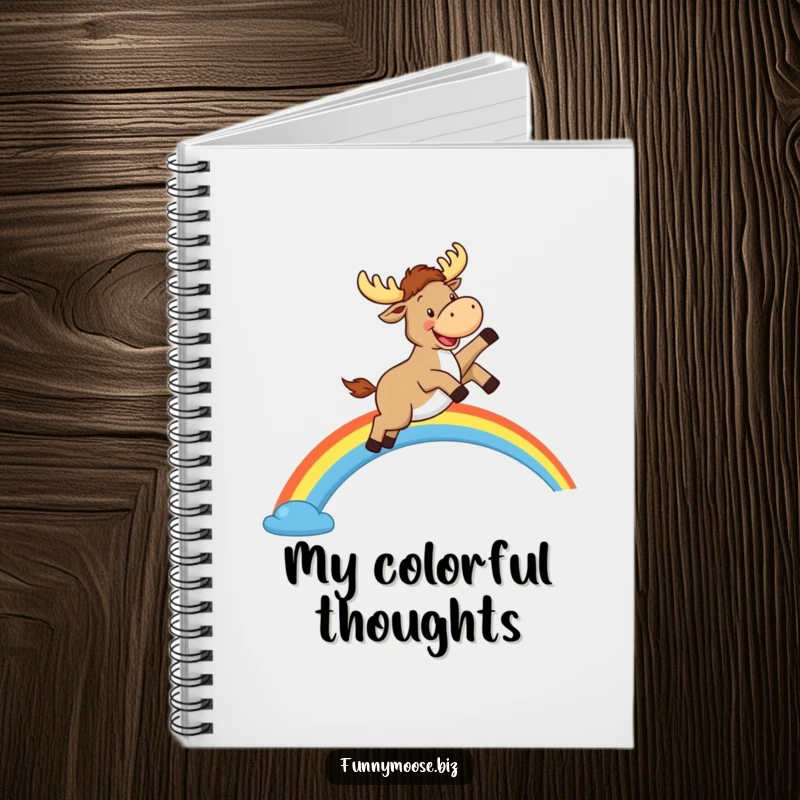 Funny Kawaii Moose Notebook: A happy moose leaps over a rainbow, humorous journal for creative ideas.