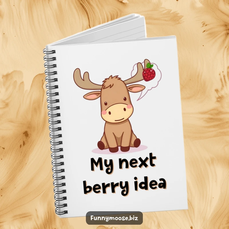 Funny Kawaii Moose Notebook looking excited, thinking of a delicious berry, ideal for note-taking with woodland humor.