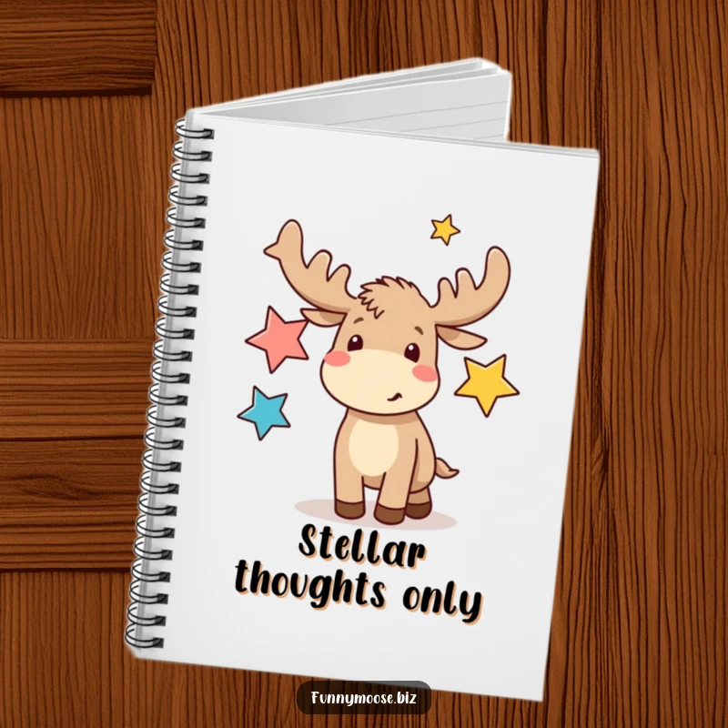 Funny kawaii moose actively juggling abstract star shapes on the cover of a lined notebook, ideal for funny gift.