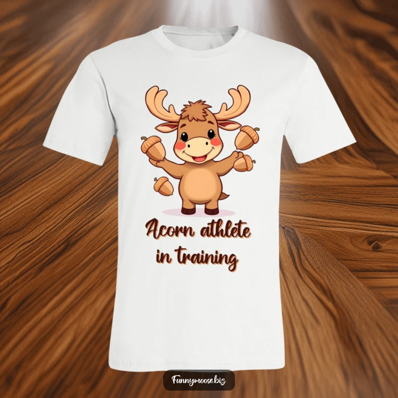 Funny Kawaii moose t-shirt, joyfully juggling three oversized acorns with a huge, cheerful grin, a whimsical design.