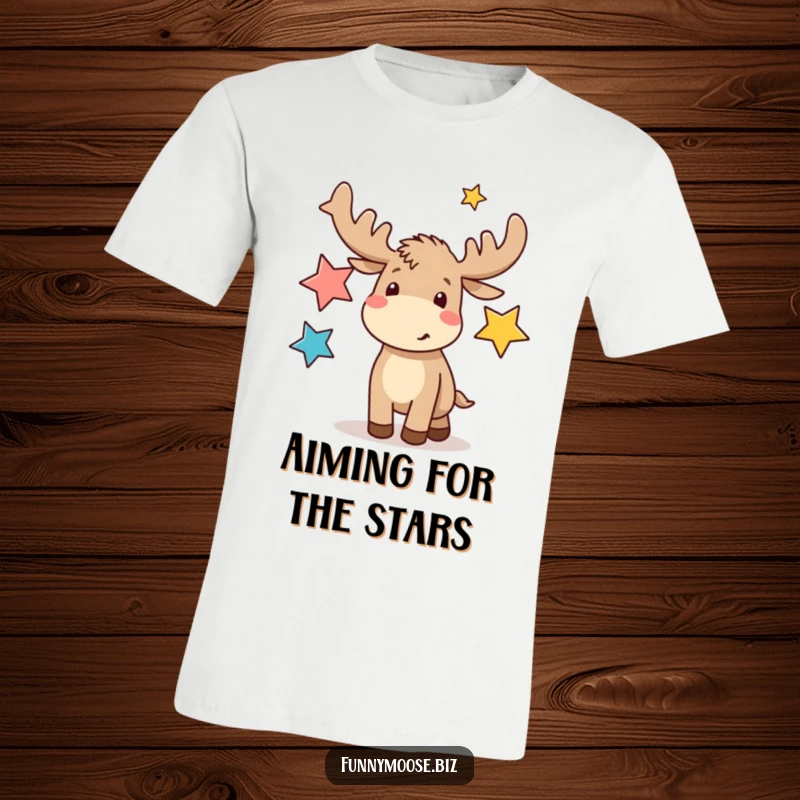 Funny kawaii moose wearing a tiny hat, enthusiastically juggling three glowing abstract star shapes on a funny t-shirt.