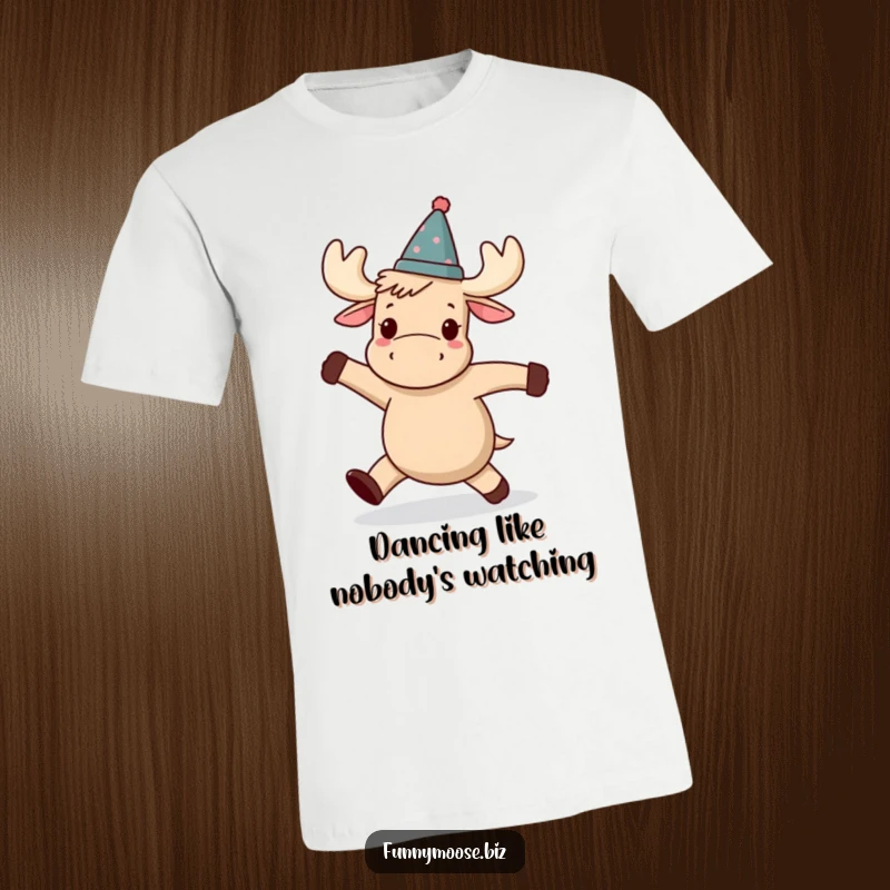 Funny Kawaii moose t-shirt, sporting a tilted hat, engaged in a hilariously wobbly dance, capturing pure joy.