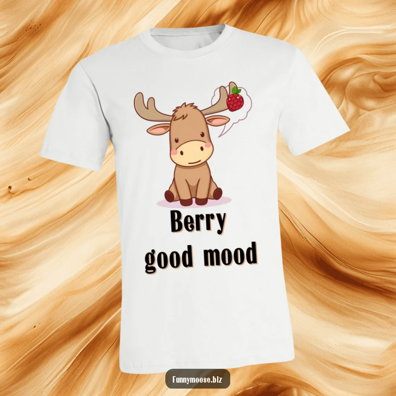 Funny Kawaii Moose T-Shirt looking excited, dreaming of a berry, showcasing woodland humor and foodie delight.