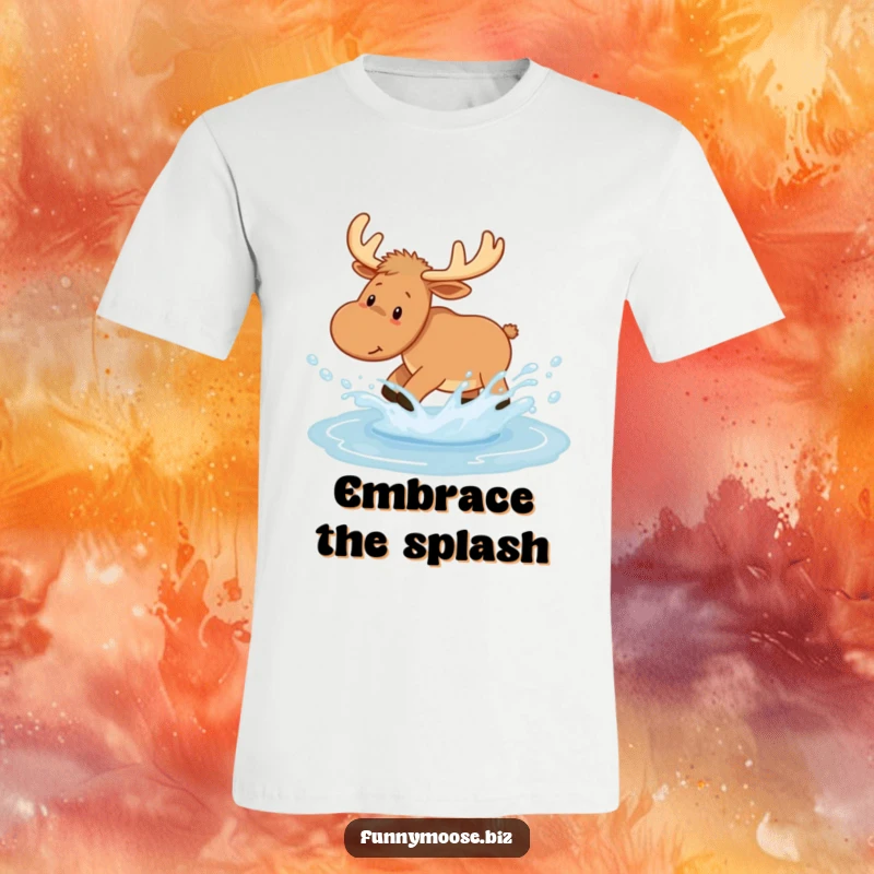 Funny Kawaii Moose T-Shirt playfully splashing in a puddle, creating joyful water droplets, showcasing woodland humor.