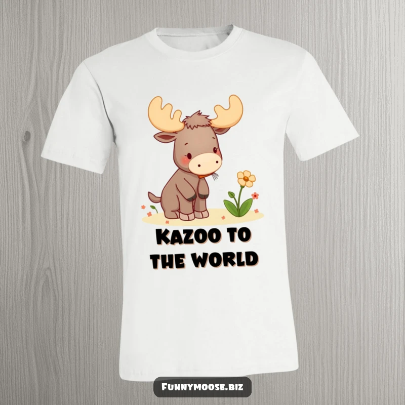 Funny t-shirt featuring a cute kawaii moose passionately serenading a flower with a tiny kazoo, creating a charmingly musical scene.