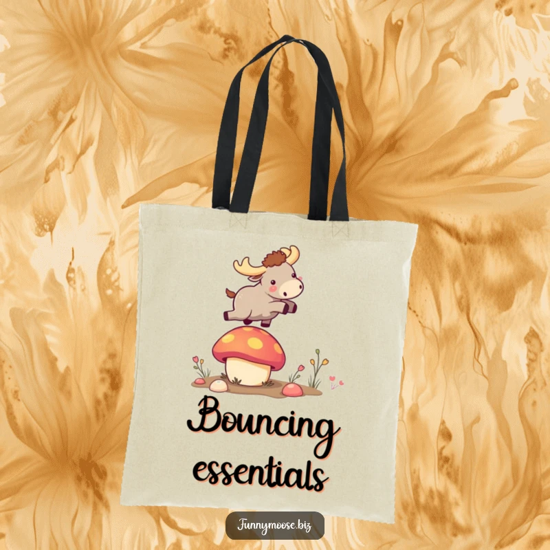 Funny tiny kawaii moose airborne after launching from a colorful bouncy mushroom on a durable and amusing funny tote bag.