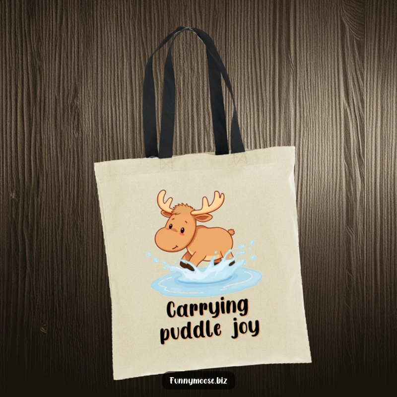 Funny Kawaii Moose Tote Bag playfully splashing in a puddle, leaving joyful droplets, perfect for everyday use with woodland humor.