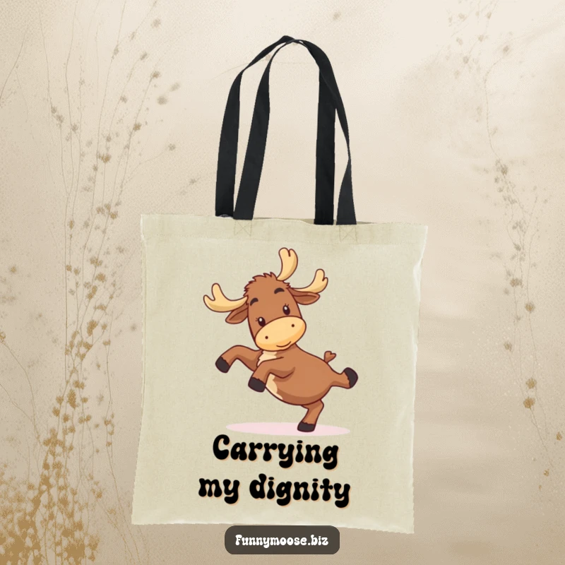 Funny kawaii moose tote bag with a happy but clumsy character doing a cartwheel, great for funny gift shoppers.