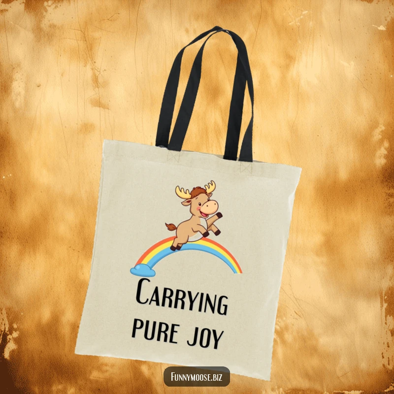 Funny Kawaii Moose Tote Bag: A happy moose jumps over a colorful rainbow, reusable bag for cheerful people.