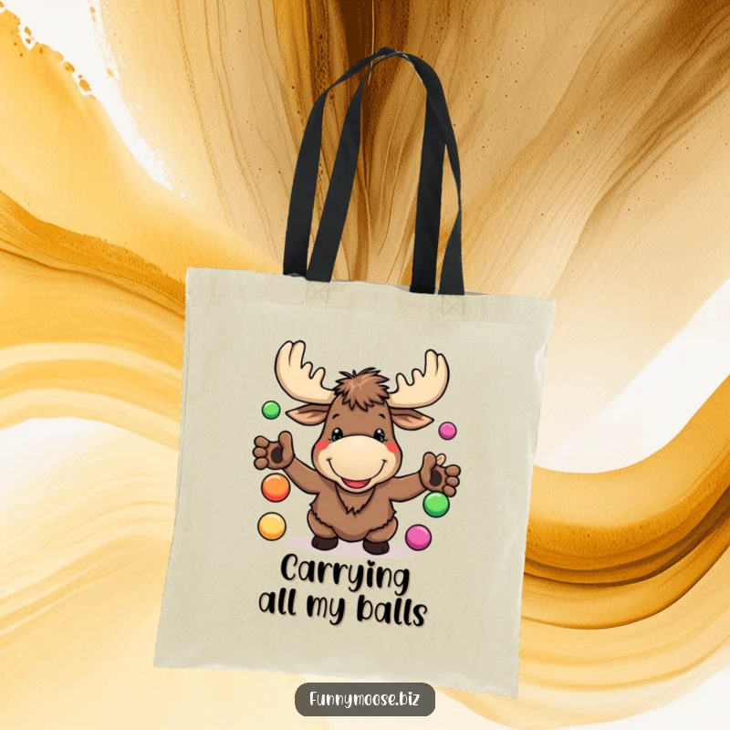 Funny Kawaii Moose Tote Bag juggling colorful balls with a goofy grin, perfect for daily use with woodland humor.