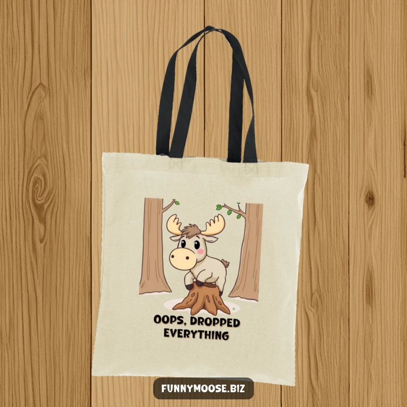 Funny Kawaii Moose Tote Bag: A surprised moose takes a tumble over a tree root, reusable shopping bag.
